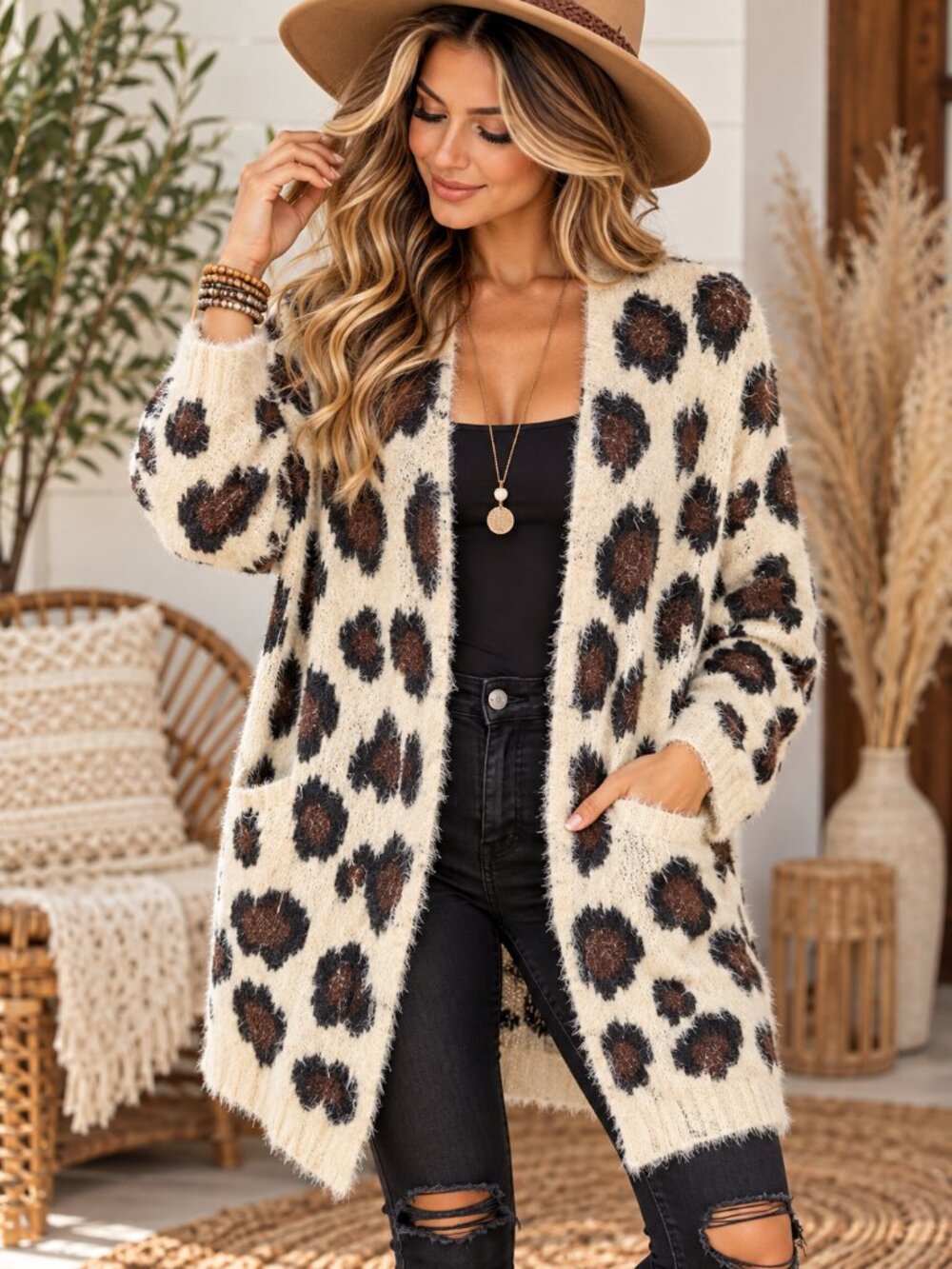 Umgee Leopard Knit Cardigan Oversized Boho Open Front Cozy
